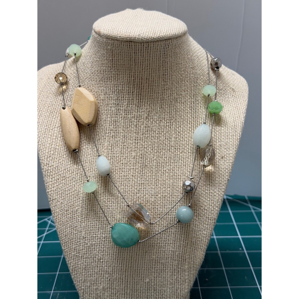 Boho Mixed Bead Long Station Necklace Wood Glass Resin Sage‎ Teal Silver Tone